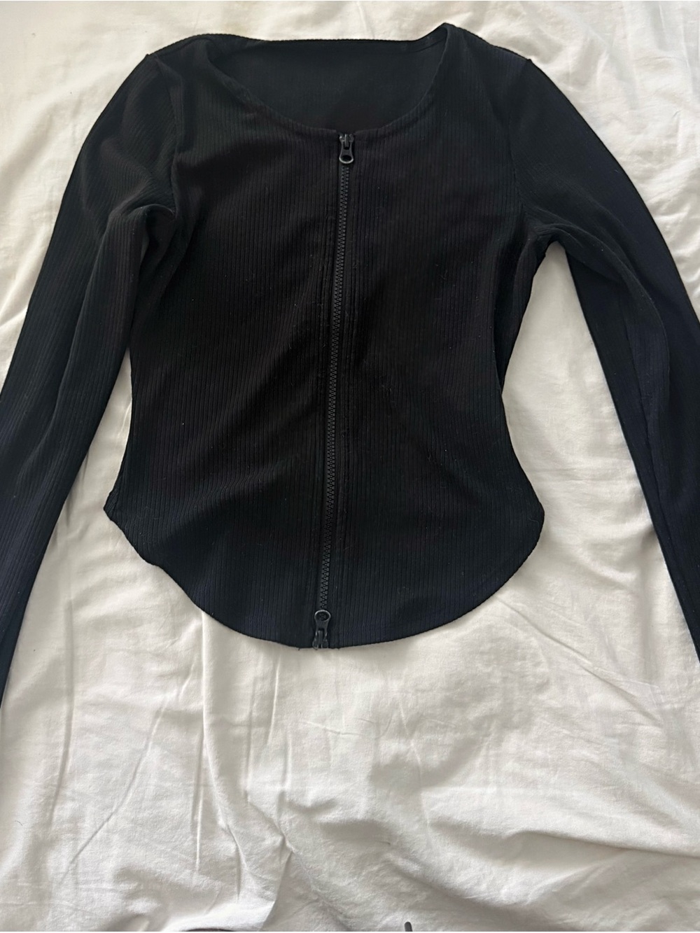 ALO Yoga Black Ribbed Zip-Front Long Sleeve Top